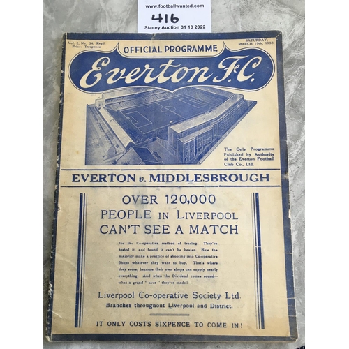 416 - 37/38 Everton v Middlesbrough Football Programme: 1st Division match dated 19 3 1938 with a couple o... 