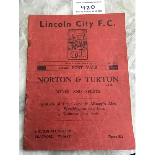 420 - 36/37 Lincoln City v Port Vale Football Programme: Division 3 North in fair condition with staples r... 