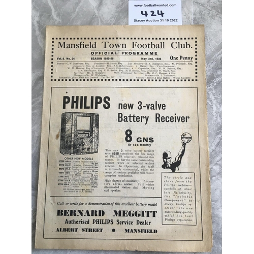 424 - 35/36 Mansfield Town v Rotherham Football Programme: Good condition Division Three match with no tea... 