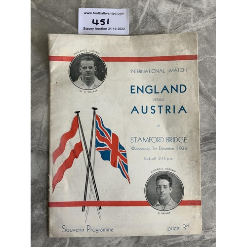 451 - 1932 England v Austria Football Programme: Played at Stamford Bridge Chelsea. Professionally repaire... 