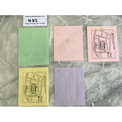 482 - England v Young England At Arsenal Football Tickets: 1959 1960 1962 with ex tape mark 1967 and 1962.... 
