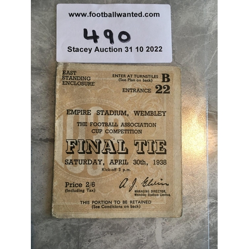 490 - 1938 FA Cup Final Football Ticket: Preston v Huddersfield in good condition.