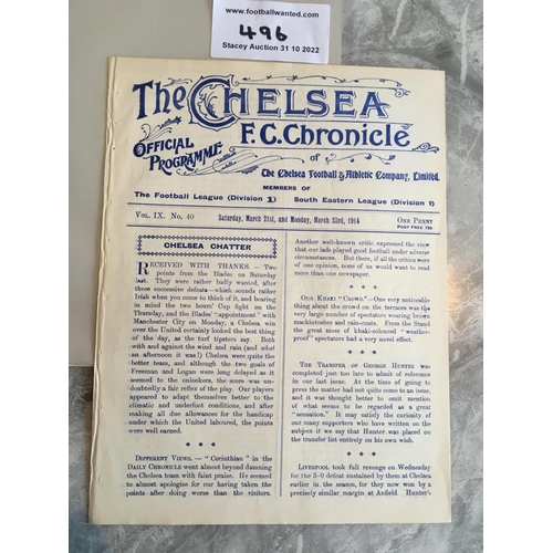 496 - 1913 - 1914 Chelsea Reserves v Swindon Town Football Programme: South Eastern League match dated 21 ... 