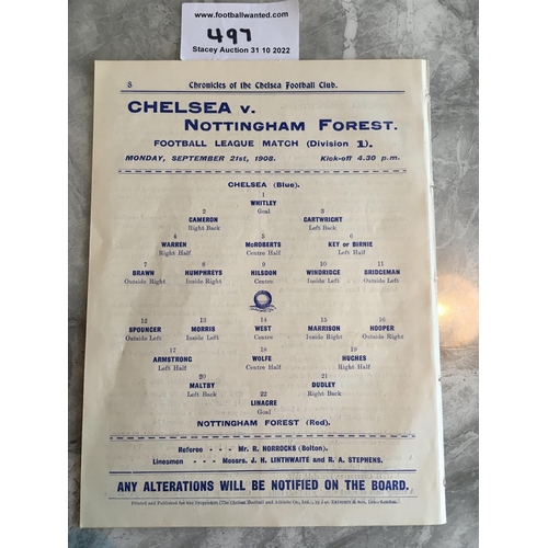 497 - 1908 - 1909 Chelsea v Nottingham Forest Football Programme: Ex bound Division 1 match in good condit... 