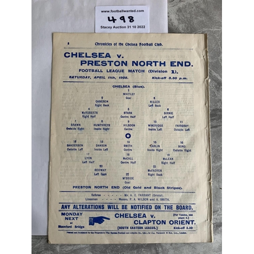 498 - 1907 - 1908 Chelsea v Preston Football Programme: First division league match in good condition. Ex ... 