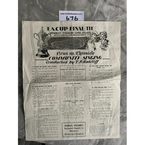 533 - 1935 FA Cup Final Football Song Sheet: Large sheet issued by the Daily Chronicle for the West Brom v... 