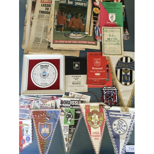 538 - Football Memorabilia Box: Pennants include 1965 West Ham ECWC, Handbooks for Arsenal 51/52 61/62, Fu... 