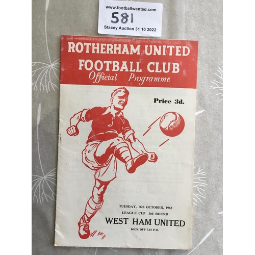 581 - 62/63 Rotherham v West Ham League Cup Football Programme: Good condition harder to obtain programme ... 