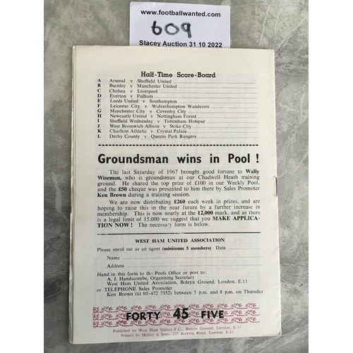 609 - 67/68 West Ham v Sunderland Postponed Football Programme: Excellent condition with no team changes d... 