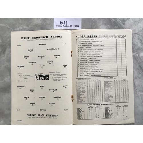 611 - 59/60 West Brom v West Ham Postponed Football Programme: Dated 13 2 1960 with no team changes. Does ... 