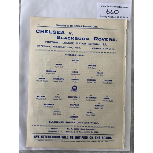 660 - 1908 - 1909 Chelsea v Blackburn Rovers Football Programme: Ex bound Division 1 match in good conditi... 