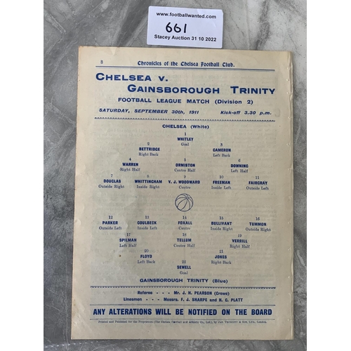 661 - 1911 - 1912 Chelsea v Gainsborough Trinity Football Programme: Ex bound Division 2 match in good con... 