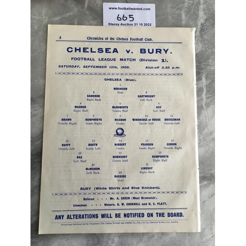 665 - 1908 - 1909 Chelsea v Bury Football Programme: Excellent condition ex bound Division 1 programme wit... 