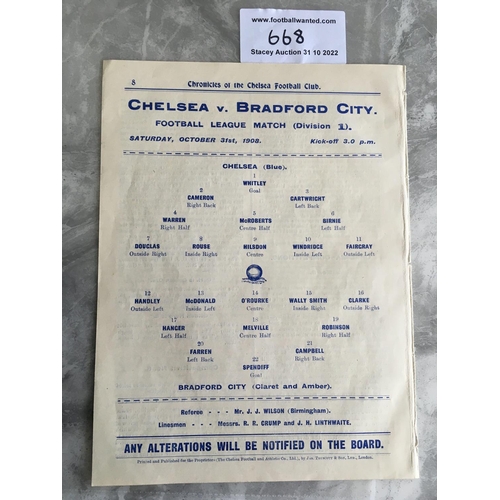 668 - 1908 - 1909 Chelsea v Bradford City Football Programme: Excellent condition ex bound Division 1 prog... 