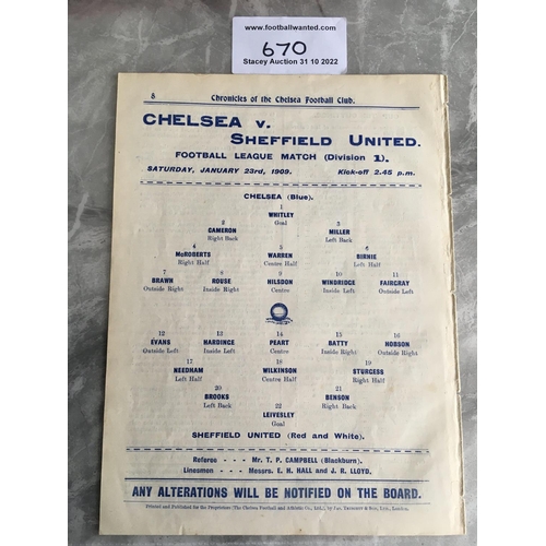 670 - 1908 - 1909 Chelsea v Sheffield United Football Programme: Excellent condition ex bound Division 1 p... 