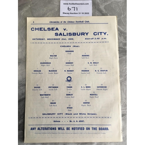 671 - 1908 - 1909 Chelsea v Salisbury City Football Programme: Excellent condition ex bound friendly progr... 