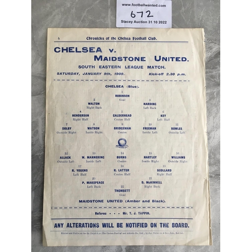 672 - 1908 - 1909 Chelsea v Maidstone United Football Programme: Excellent condition ex bound friendly pro... 