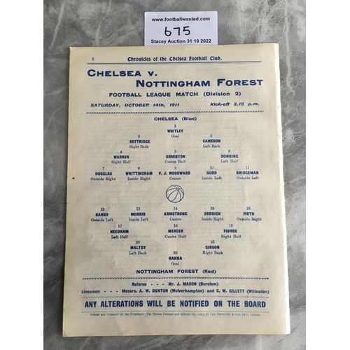 675 - 1911 - 1912  Chelsea v Nottingham Forest Football Programme: Excellent condition ex bound Division T... 