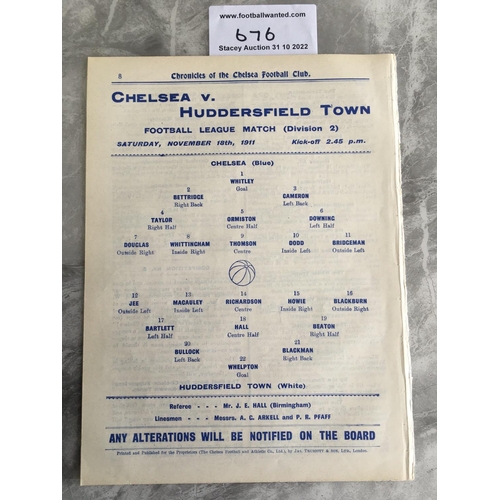 676 - 1911 - 1912  Chelsea v Huddersfield Town Football Programme: Excellent condition ex bound Division 2... 