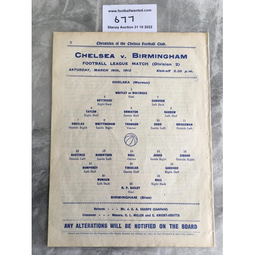 677 - 1911 - 1912  Chelsea v Birmingham City Football Programme: Excellent condition ex bound Division 2 p... 