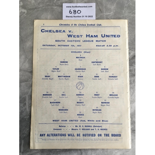 680 - 1911 - 1912  Chelsea Reserves v West Ham Res Football Programme: Excellent condition ex bound South ... 