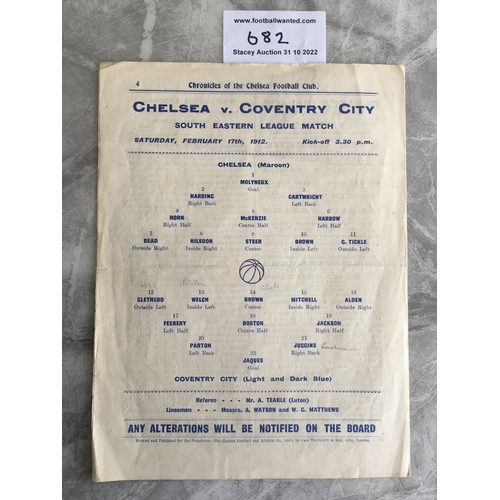 682 - 1911 - 1912  Chelsea Reserves v Coventry City Res Football Programme: Excellent condition South East... 