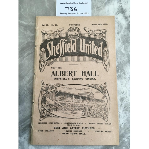 736 - 1924 FA Cup Semi Final Football Programme: Burnley v Aston Villa played at Sheffield United. Ex boun... 