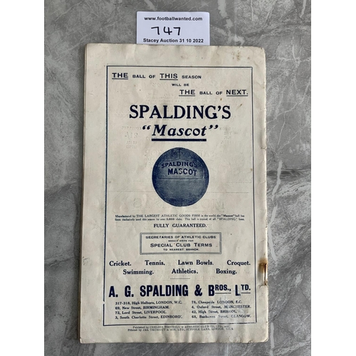 747 - 1920 FA Cup Final Football Programme: Aston Villa v Huddersfield Town played at Chelsea. Torn spine ... 