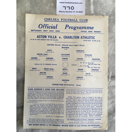 770 - 1944 North v South Cup Final Football Programme: Aston Villa v Charlton single sheet played at Chels... 