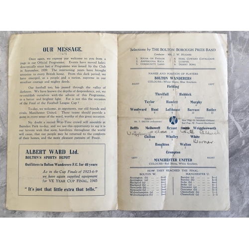 771 - 1945 North Cup Final Football Programme: Bolton Wanderers v Manchester United 4 pager, played at Bol... 