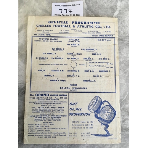 774 - 1945 North v South Cup Final Football Programme: Chelsea v Bolton Wanderers single sheet played at C... 