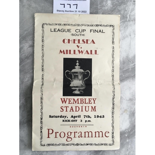 777 - 1945 Cup Final Pirate Football Programme: Chelsea v Millwall played at Wembley. 4 pager has heavy fo... 