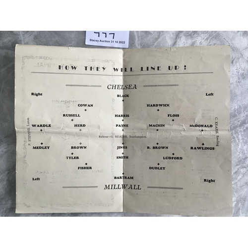 777 - 1945 Cup Final Pirate Football Programme: Chelsea v Millwall played at Wembley. 4 pager has heavy fo... 