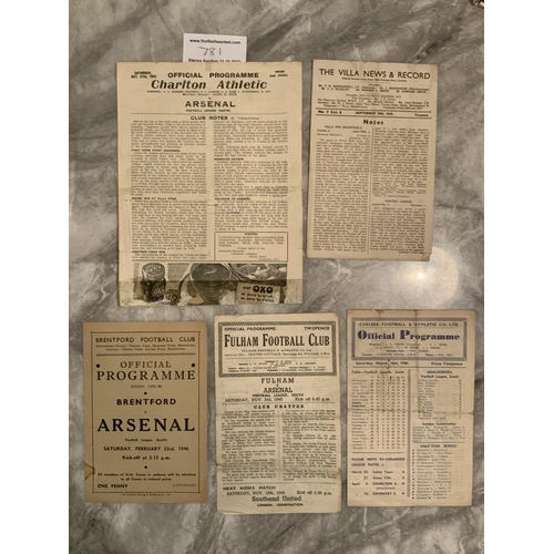 781 - 45/46 Arsenal Away Football Programmes: Charlton Chelsea Brentford Fulham and Aston Villa. Overall f... 