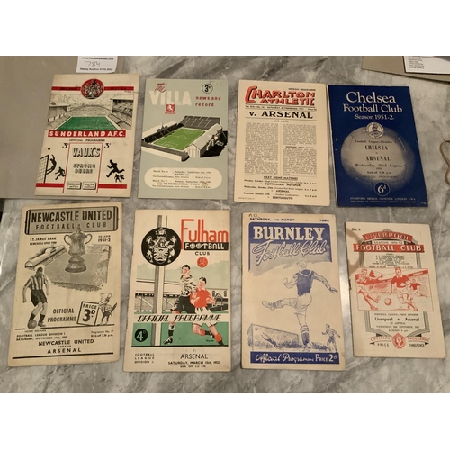 784 - 51/52 Arsenal Away Football Programmes: Liverpool Charlton Fulham Newcastle Sunderland Chelsea Burnl... 