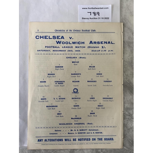 789 - 1908 - 1909 Chelsea v Woolwich Arsenal Football Programme: Ex bound Division 1 match in good conditi... 