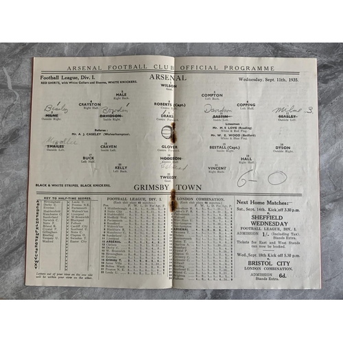 795 - 35/36 Arsenal v Grimsby Town Football Programme: Rusty staples now removed leaving hole, otherwise v... 