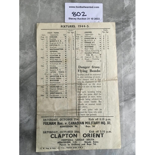 802 - 44/45 Fulham v Arsenal Football Programme Single sheet league match in fair condition with pencilled... 