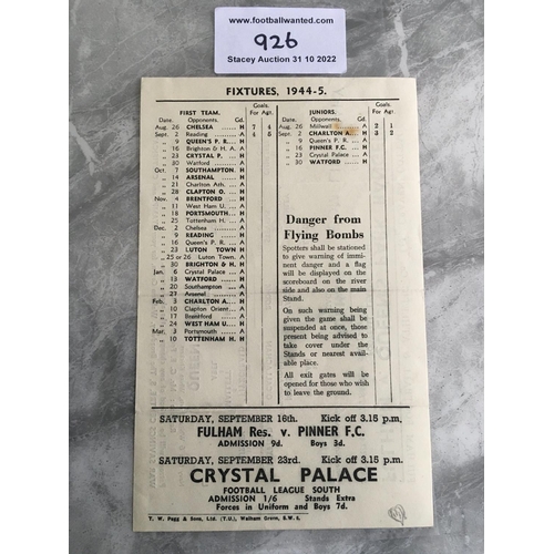 926 - 44/45 Fulham v QPR Football Programme Single sheet League match in good condition with no team chang... 