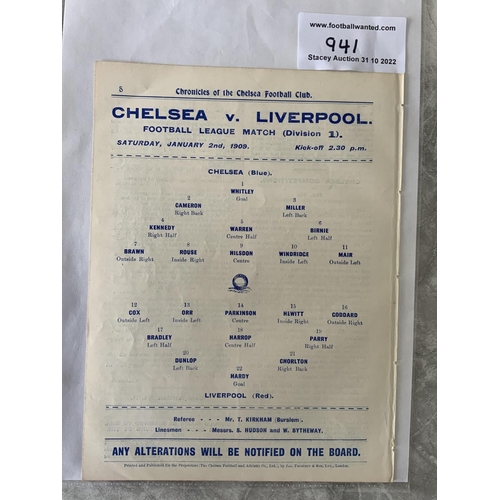 941 - 1908 - 1909 Chelsea v Liverpool Football Programme: Ex bound Division 1 match in good condition with... 