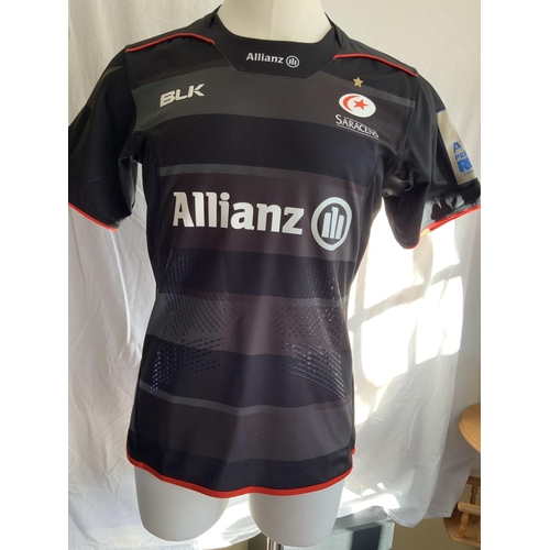 970 - 2016/17 Saracens Match Worn Rugby Union Shirt: Black BLK short sleeve with a Allianz sponsorship. Nu... 