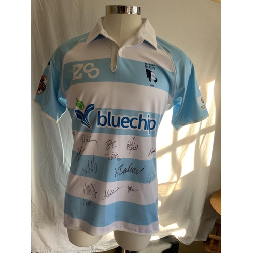 972 - 2015/2016 Bedford Blues Signed Match Issued Rugby Union Shirt: Light blue and white short sleeve wit... 