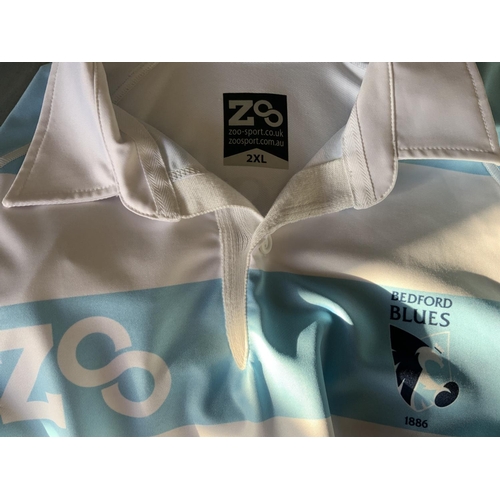 972 - 2015/2016 Bedford Blues Signed Match Issued Rugby Union Shirt: Light blue and white short sleeve wit... 