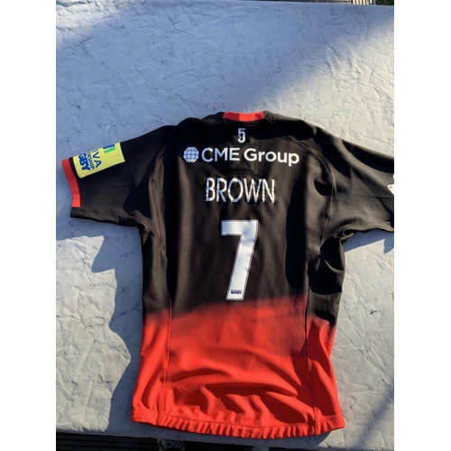 973 - 2015/2016 Saracens Match Worn Rugby Union Shirt: Black and red Nike short sleeve with a Allianz spon... 