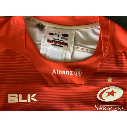 974 - 2016/17 Saracens Match Worn Rugby Union Shirt: Red BLK short sleeve with a Allianz sponsorship. Numb... 