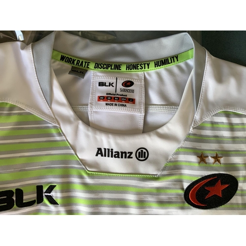 975 - 2016/17 Saracens Match Issued Rugby Union Shirt: White with green stripes BLK short sleeve with a Al... 