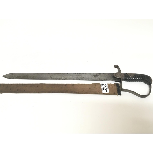 2127 - An interesting antique short sword possible conversion with a steel cross guard and the blade with t... 