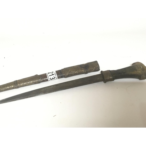 2135 - An antique dagger possible Abyssinian with a horn handle leather and metal mounted scabbard.length 4... 