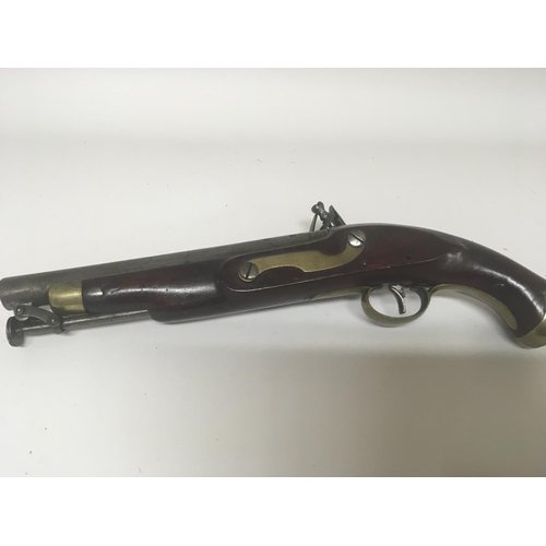 2142 - A nice original flintlock Early 19th century pistol with brass trigger Guard brass end stop the acti... 