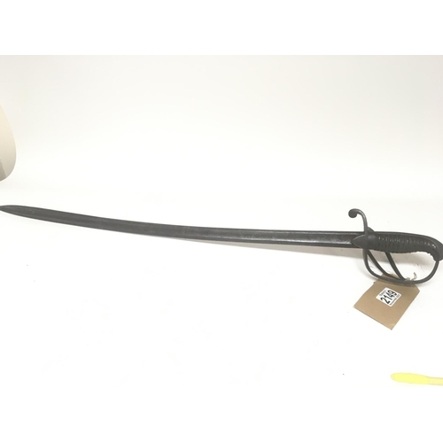 2149 - An Antique Sword with a scroll open guard wired grip and lightly engraved steel blade no scabbard. L... 